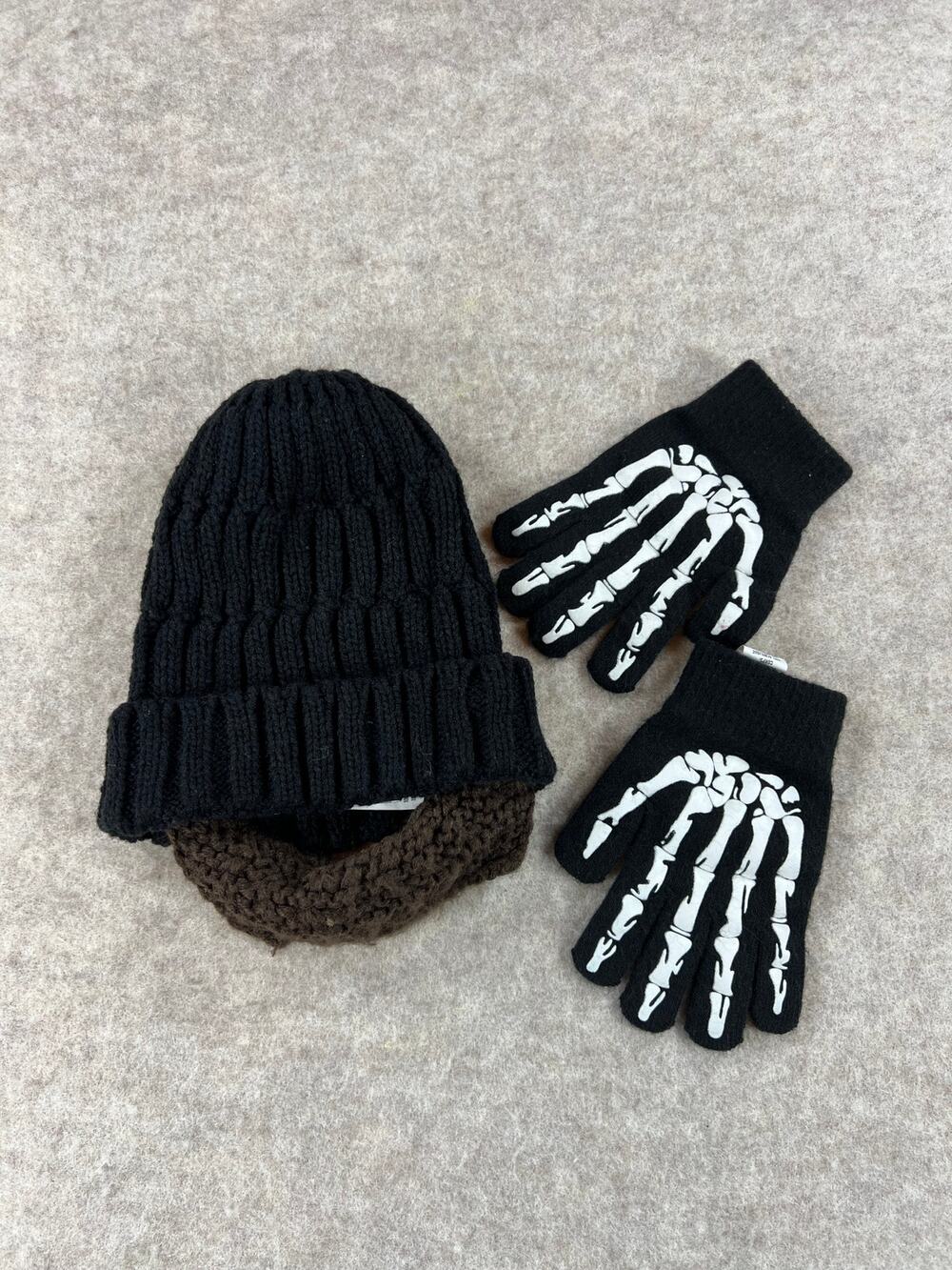 Children's Place Boys Beard Beanie Winter Hat and Skeleton Gloves Size 4-7